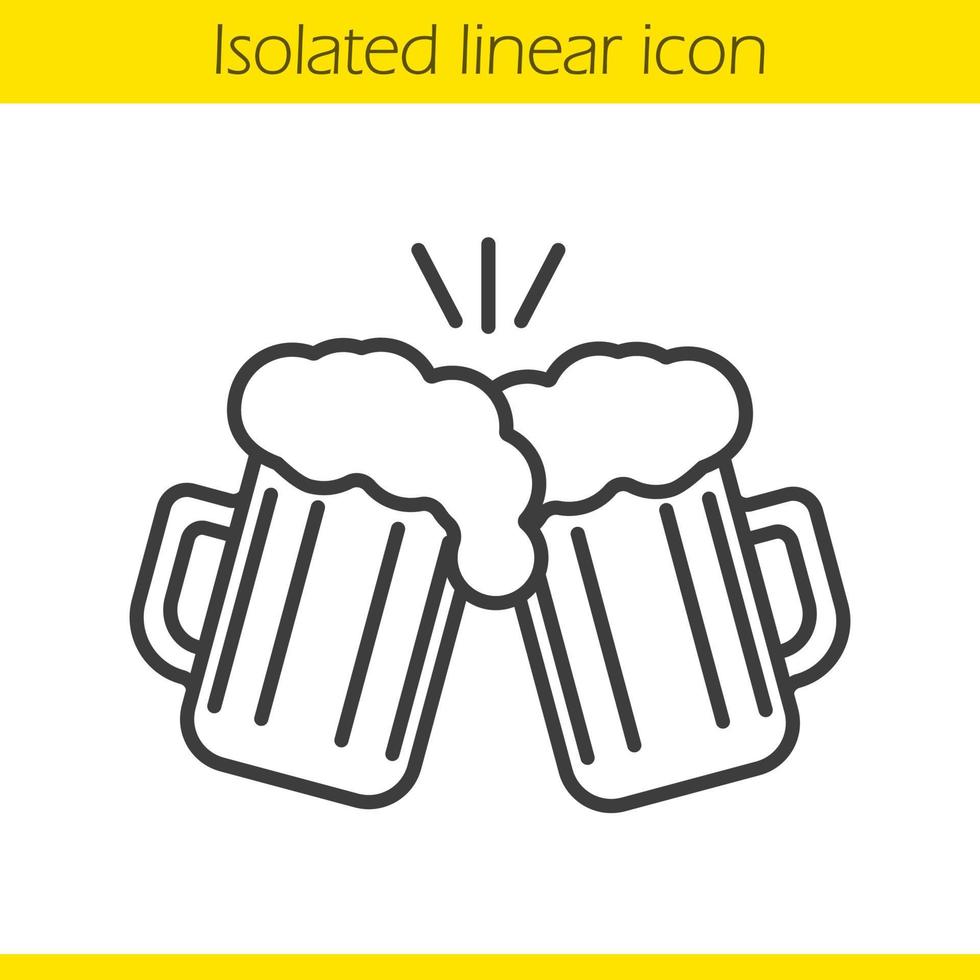 Toasting beer glasses linear icon. Cheers. Thin line illustration. Two foamy beer glasses. Contour symbol. Vector isolated outline drawing