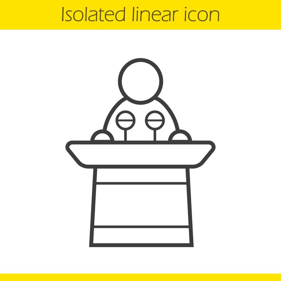 Politician linear icon. Orator thin line illustration. Speaker podium contour symbol. Vector isolated outline drawing