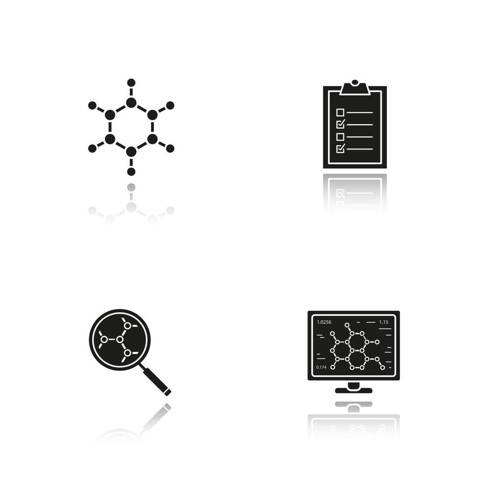 Science lab drop shadow black icons set. Molecule, laboratory computer, molecular structure analysis, tests checklist. Isolated vector illustrations