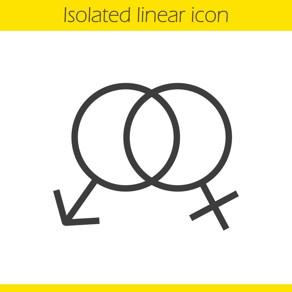 Heterosexual relationship linear icon. Thin line illustration. Interlocked male and female signs. Contour symbol. Vector isolated outline drawing