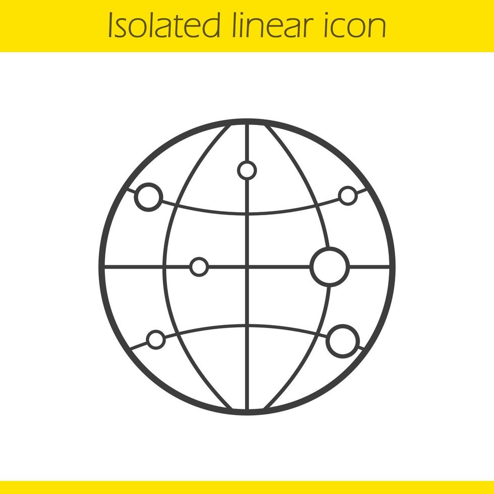 Globe model with route points linear icon. Thin line illustration. Planet earth spherical model. Worldwide contour symbol. Vector isolated outline drawing
