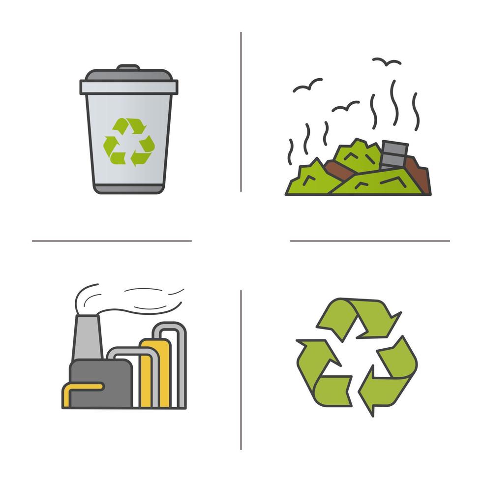 Waste management color icons set. Recycle bin symbol, rubbish dump, factory pollution. Environment protection. Isolated vector illustrations