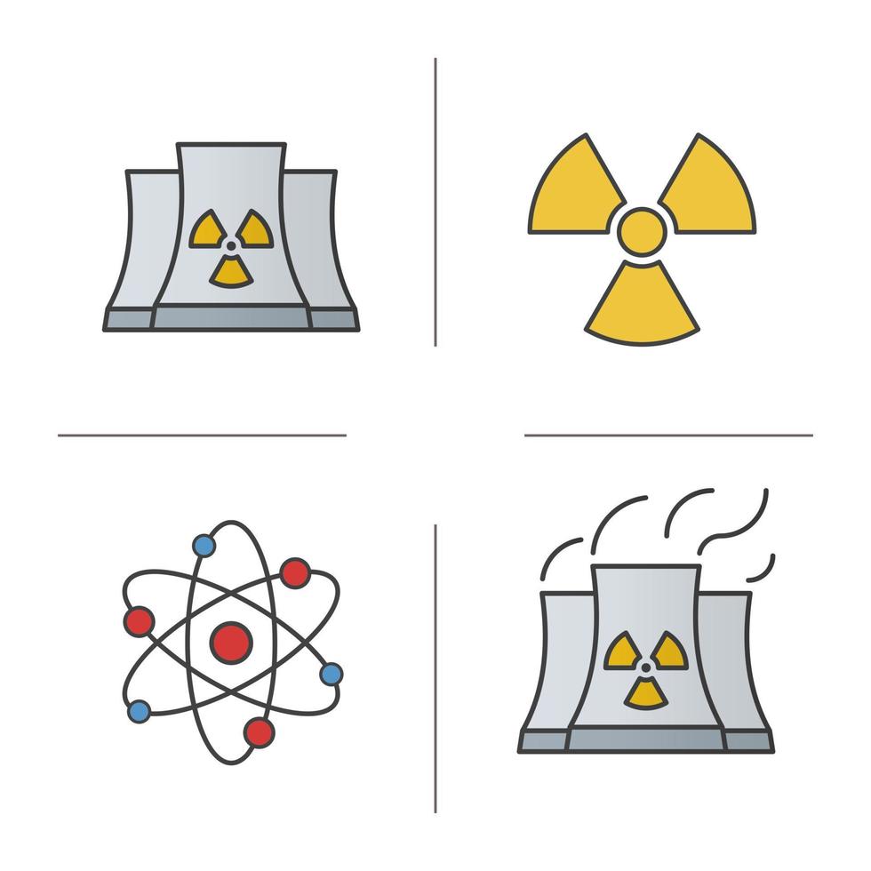 Atomic energy color icons set. Nuclear power plant with smoke, radiation and atom symbols. Isolated vector illustrations