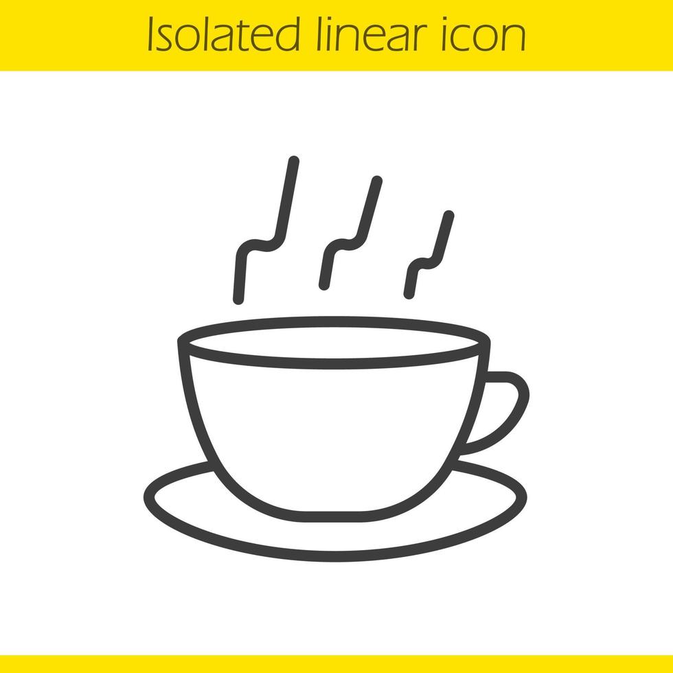 Steaming cup linear icon. Teacup thin line illustration. Hot steaming mug on plate contour symbol. Vector isolated outline drawing
