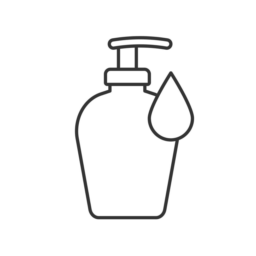 Liquid soap bottle linear icon. Shampoo thin line illustration. Shower gel contour symbol. Vector isolated outline drawing