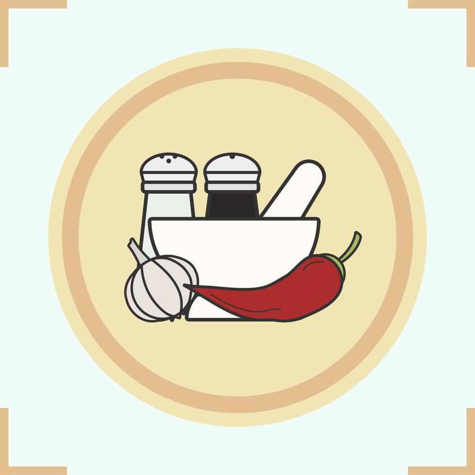 Spices color icon. Salt and pepper shakers, garlic, chili, mortar and pestle. Isolated vector illustration
