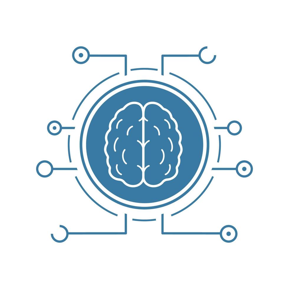 icono de redes neuronales. símbolo de silueta azul. cerebro humano en las vías del microchip. inteligencia artificial. espacio negativo. vector ilustración aislada