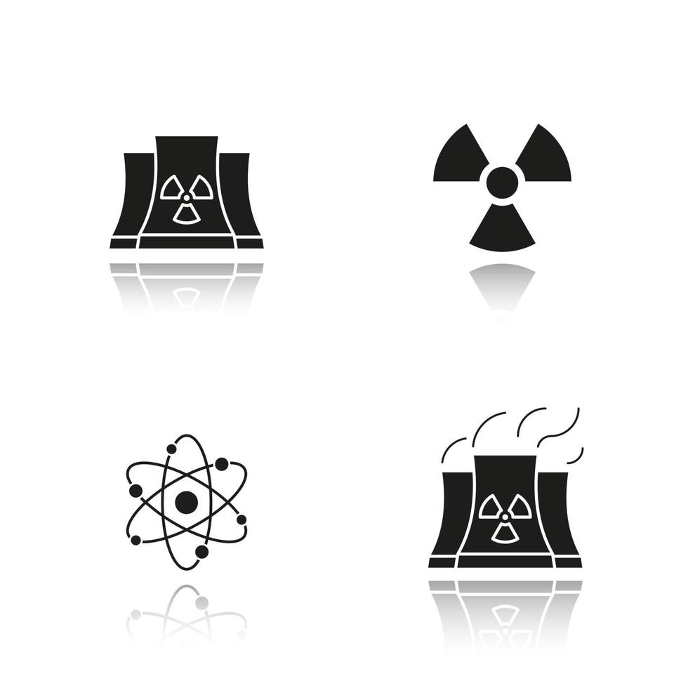 Atomic energy drop shadow black icons set. Nuclear power plant with smoke, radiation and atom symbols. Isolated vector illustrations