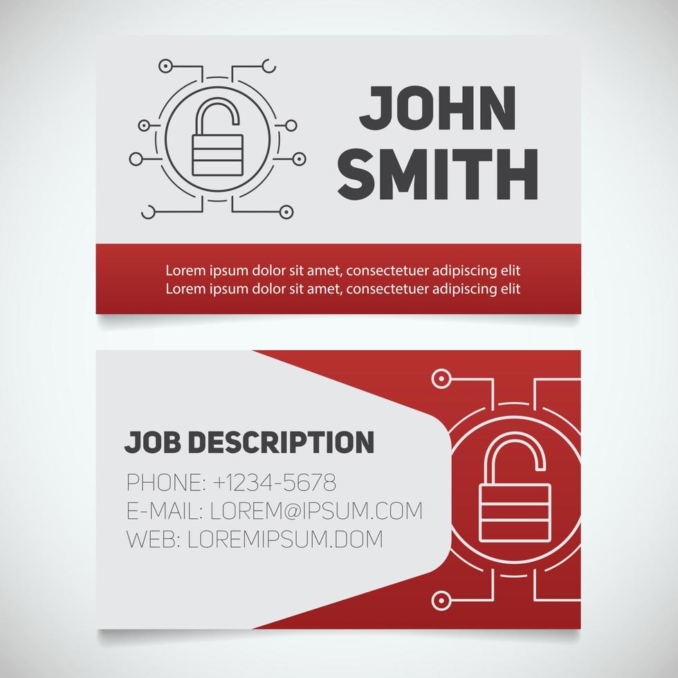 Business card print template with open lock logo. Easy edit. Digital security. Personal data. Padlock in microchip pathways. Stationery design concept. Vector illustration