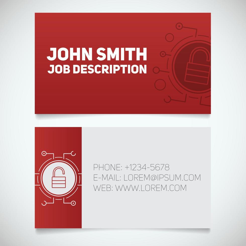 Business card print template with lock logo. Easy edit. Manager. Cyber security. Data protection. Padlock in microchip pathways. Stationery design concept. Vector illustration