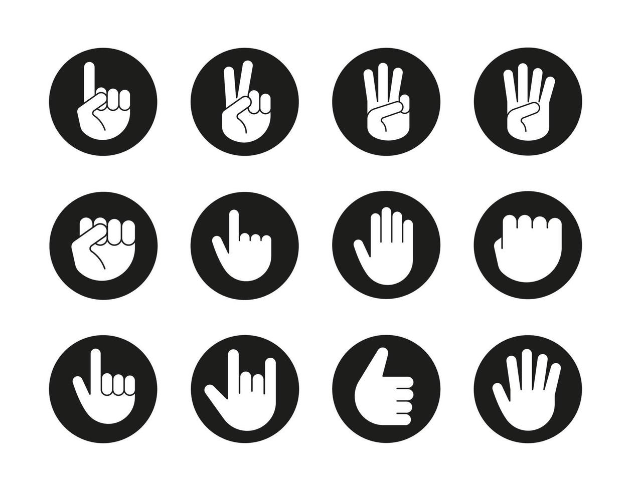 Hand gestures icons set. Point out, approve, hello, heavy metal, thumbs up, fist, direction point symbols. One, two, three, four, five fingers. Vector white silhouettes illustrations in black circles