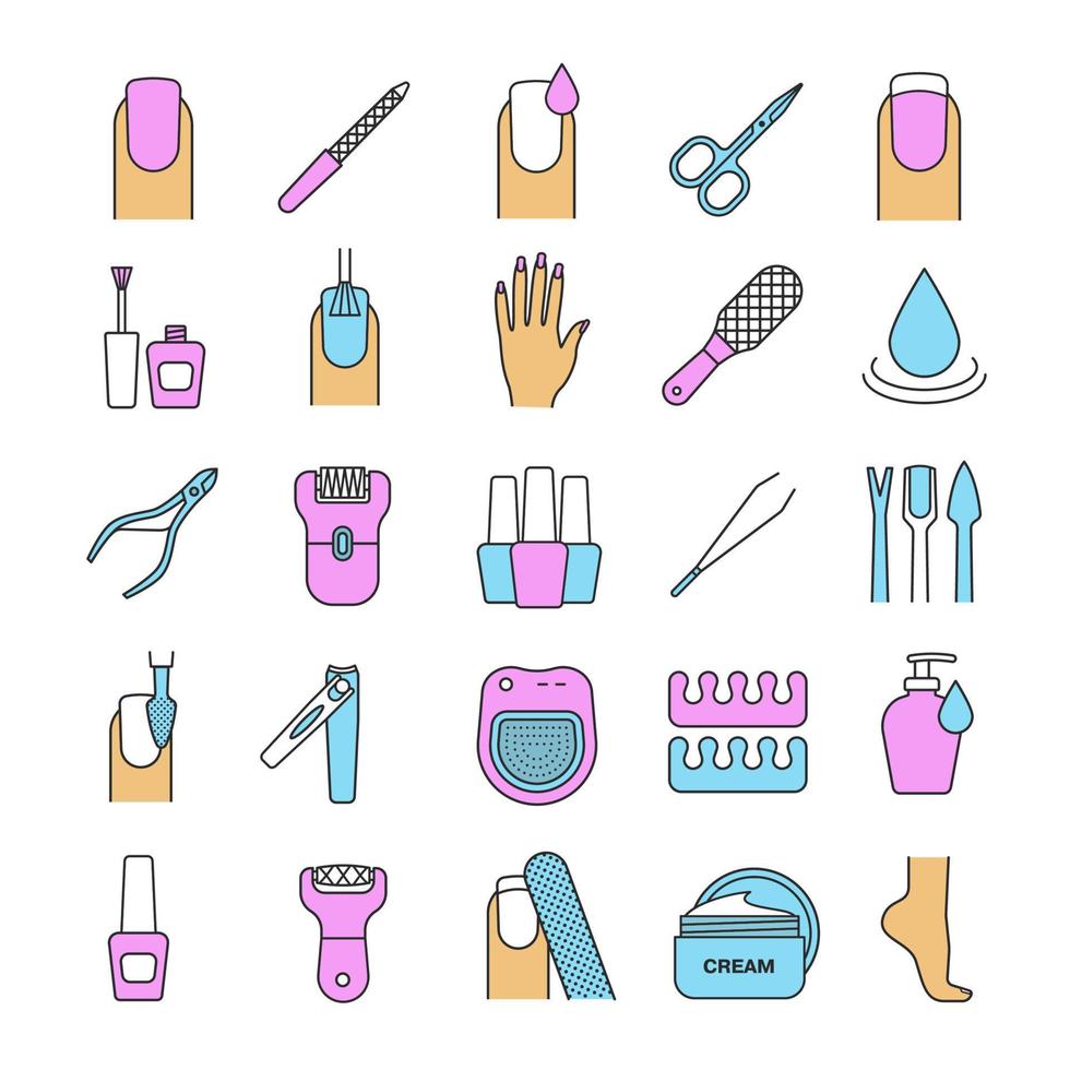 Manicure and pedicure color icons set. Nail polish, scissors, epilator, spa bath, soap, cream, tweezers, foot rasp, cuticle nipper. Isolated vector illustrations