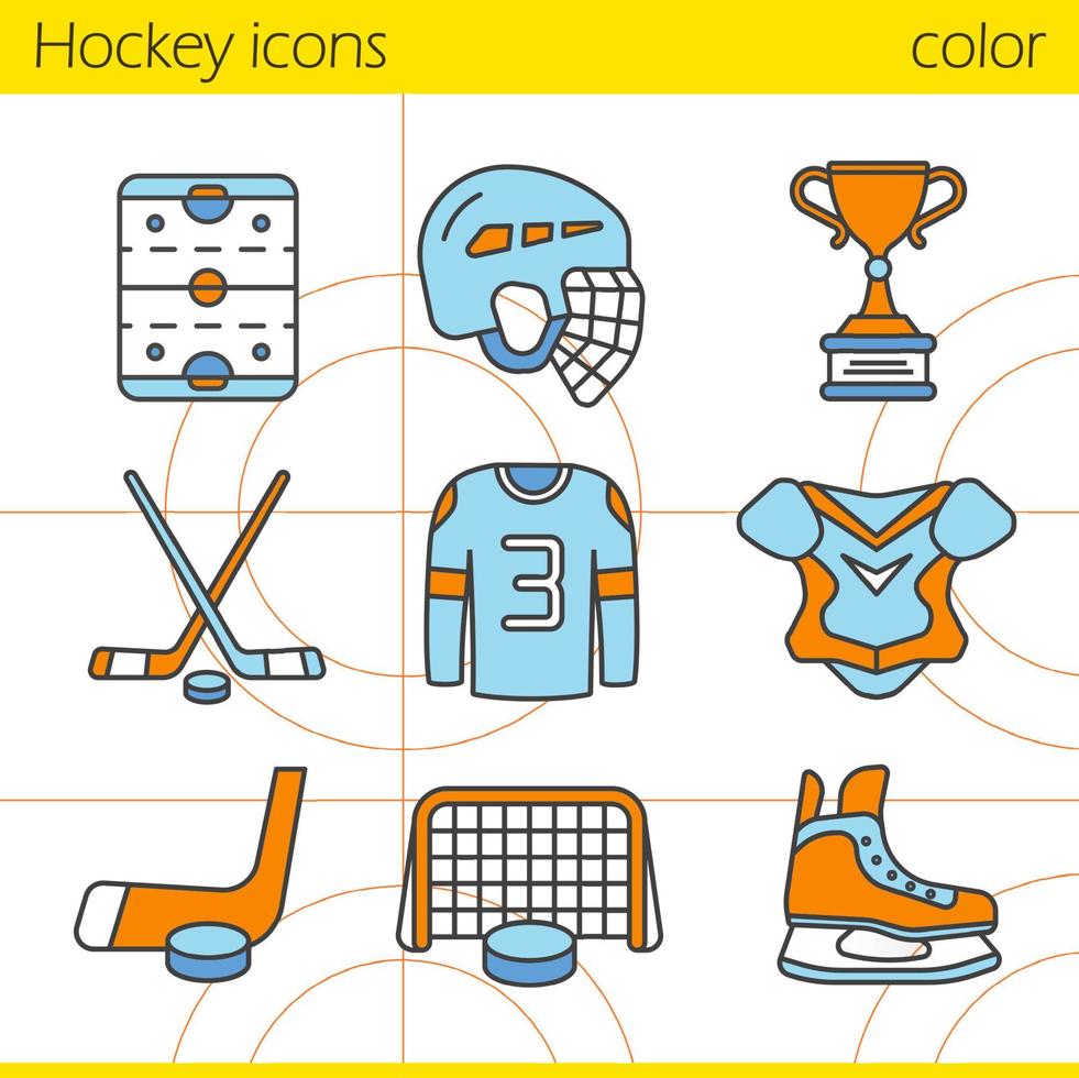 Conjunto de iconos de colores de equipos de hockey. casco, disco y palos, camiseta, hombrera, puerta, patín, trofeo de ganador, pista de hockey. ilustraciones vectoriales aisladas vector