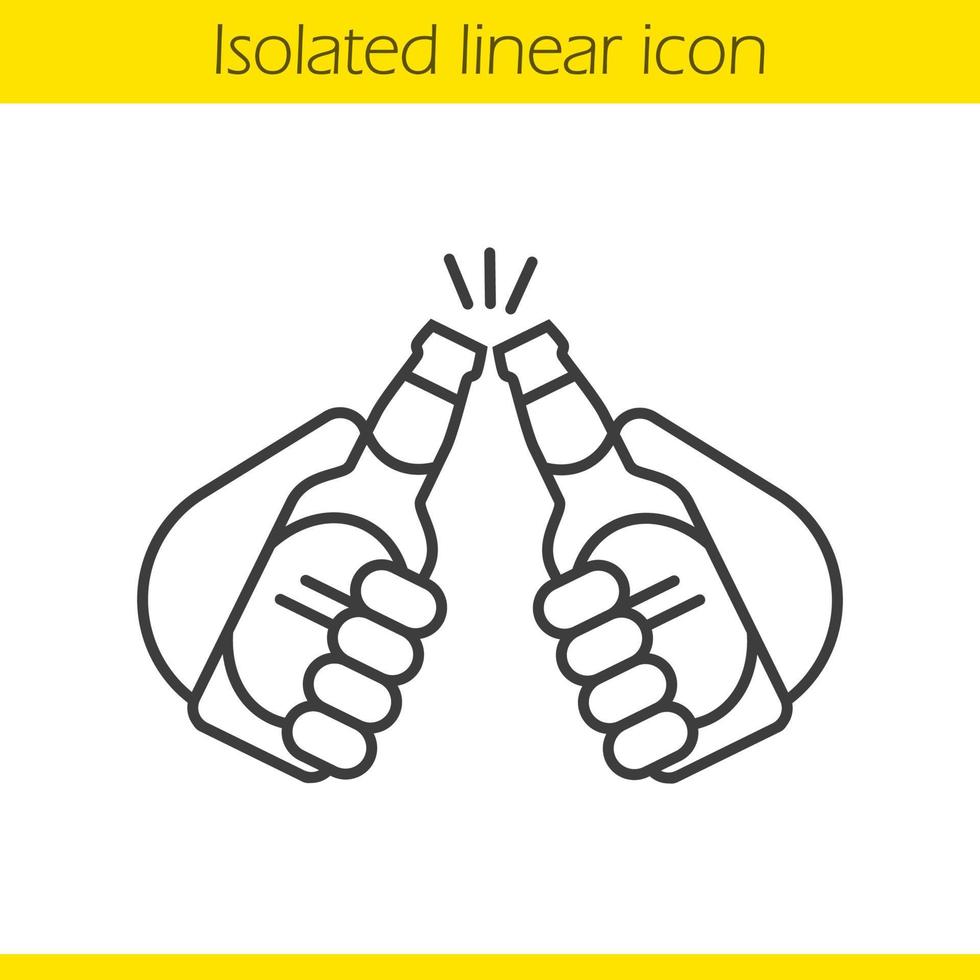 Toasting beer bottles linear icon. Thin line illustration. Hands holding beer bottles. Cheers contour symbol. Vector isolated outline drawing