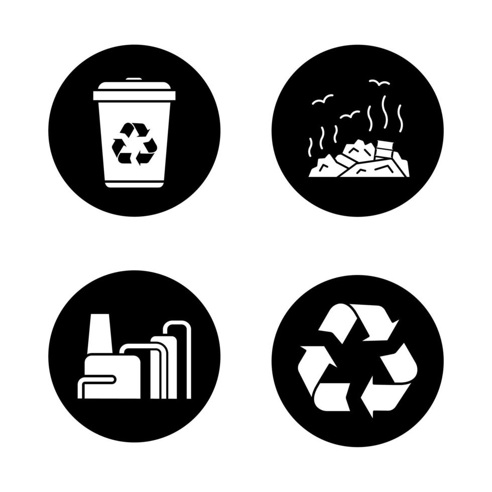 Environment protection icons set. Recycle bin and symbol, rubbish dump, factory pollution. Vector white silhouettes illustrations in black circles