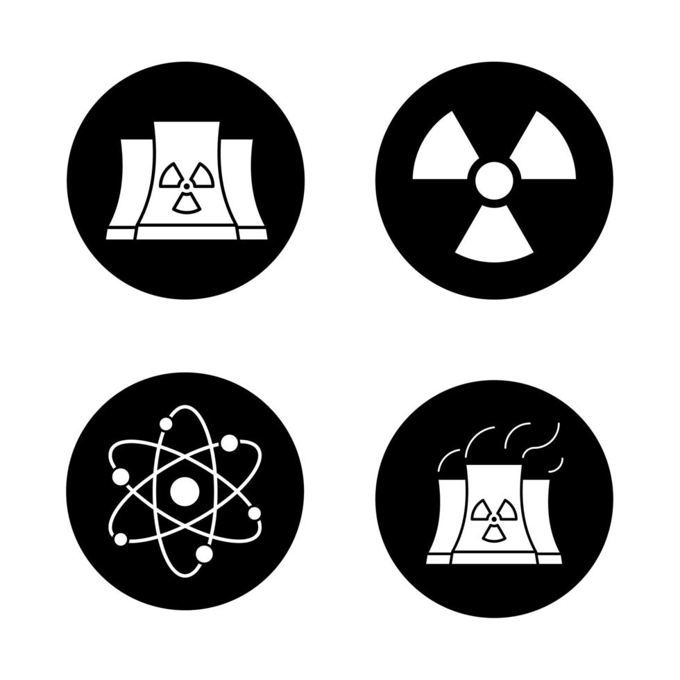 Conjunto de iconos de energía atómica. Planta de energía nuclear con símbolos de humo, radiación y átomo. ilustraciones de siluetas blancas vectoriales en círculos negros vector