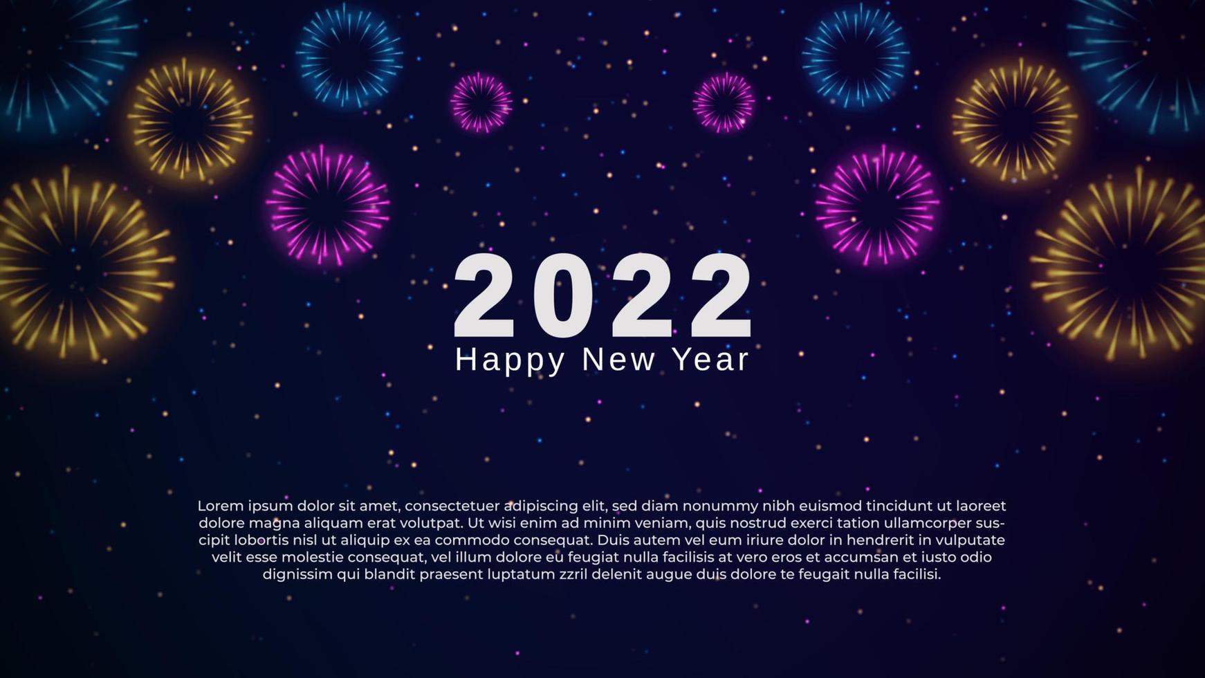 Editable realistic 2022 number balloon with Brightly Colorful Fireworks on Dark Blue Background with sparkling light. Happy New Year Firework Vector Illustration. Festival Fireworks Banner