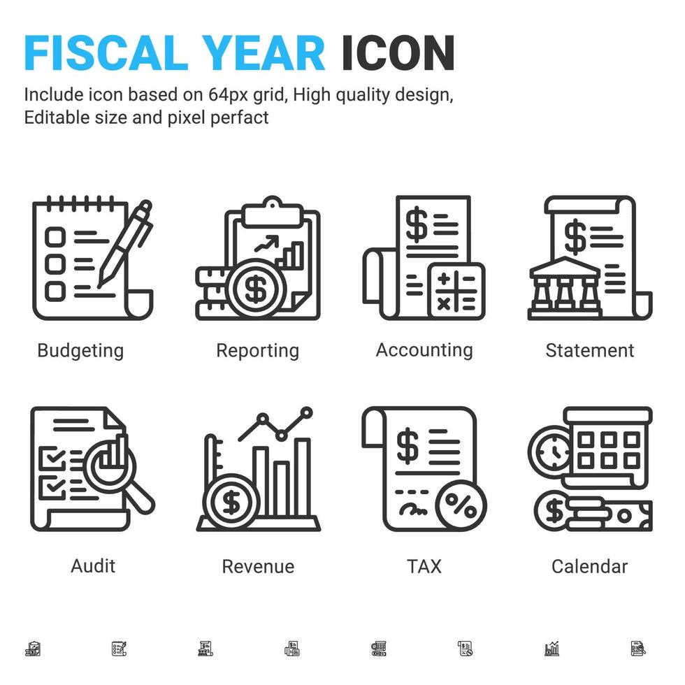 Fiscal year icon set with outline style isolated on white background. Vector icon report, tax, statement, audit, revenue sign symbol concept for business finance company and corporate. Editable stroke