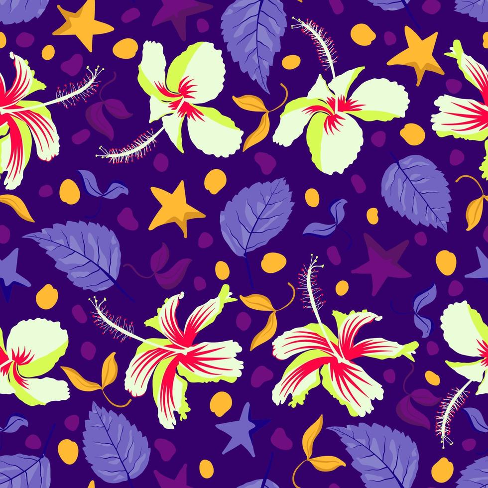 Tropical seamless downloadable flourish hawaiian hibiscus artwork. Designed with many coloured flower and foliage elements. Best for interior lifestyle decor, upholstery, tapestry etc. vector