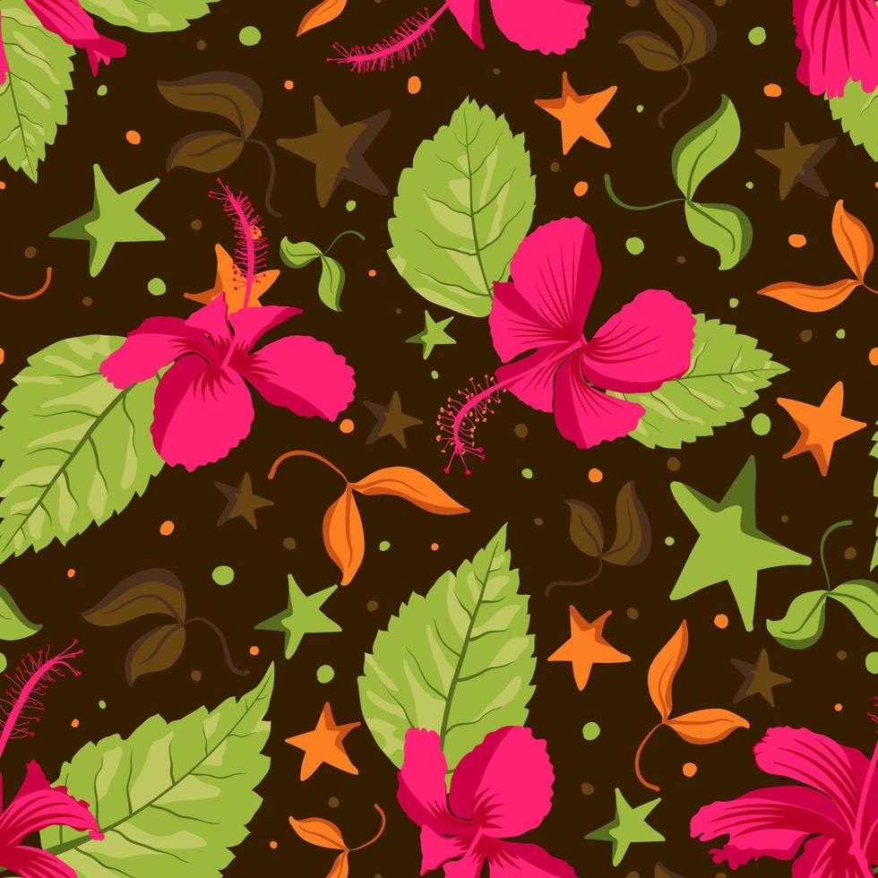 Fondo de patrón floral tropical decorativo hibiscus rosa sinensis hawaiano. Repitiendo un diseño alegre y refrescante para tela protectora, delantal, tapiz de pared, colcha, decoración del hogar, muebles de exterior. vector