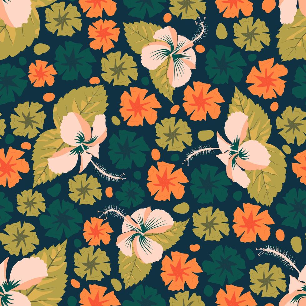 patrón de superficie sin costuras floral de hibisco subtropical diseñado para decoración elegante del hogar, diseño de interiores, tapicería como diván, sofá, sábana, taza, alfombra, cortina, manta, cojín, etc. vector