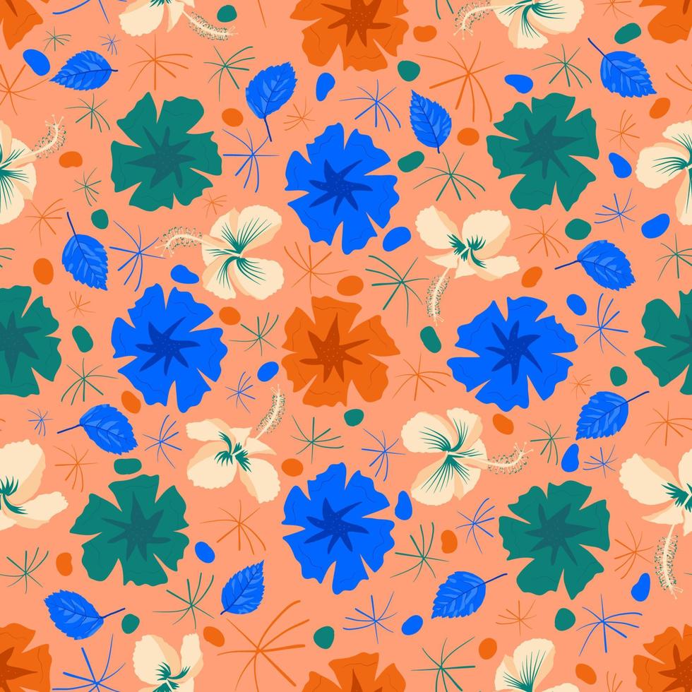 mosaico de muestra florido completo bidimensional para la industria textil. diseño de neceser, bolso de mano, sofá, taza, alfombra, cortina, etc. Diseño colorido del patrón de la superficie de la planta del zapato de Hawaii con el arbusto botánico. vector