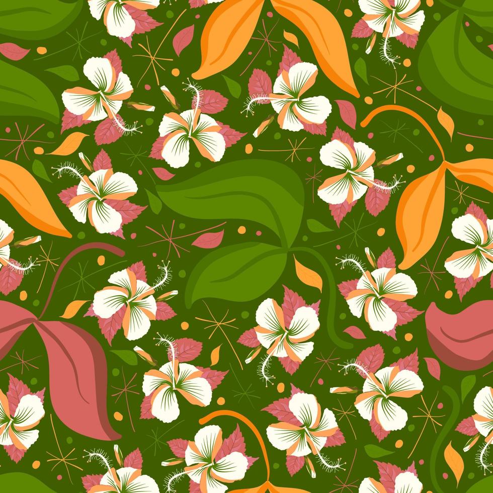 Repetitive graphic swatch pattern of flowery design elements. Polynesian hibiscus shoeblackplant flowers with allover continuity. Create and print to decor upholstery, wedding cards, wrapping, wall. vector