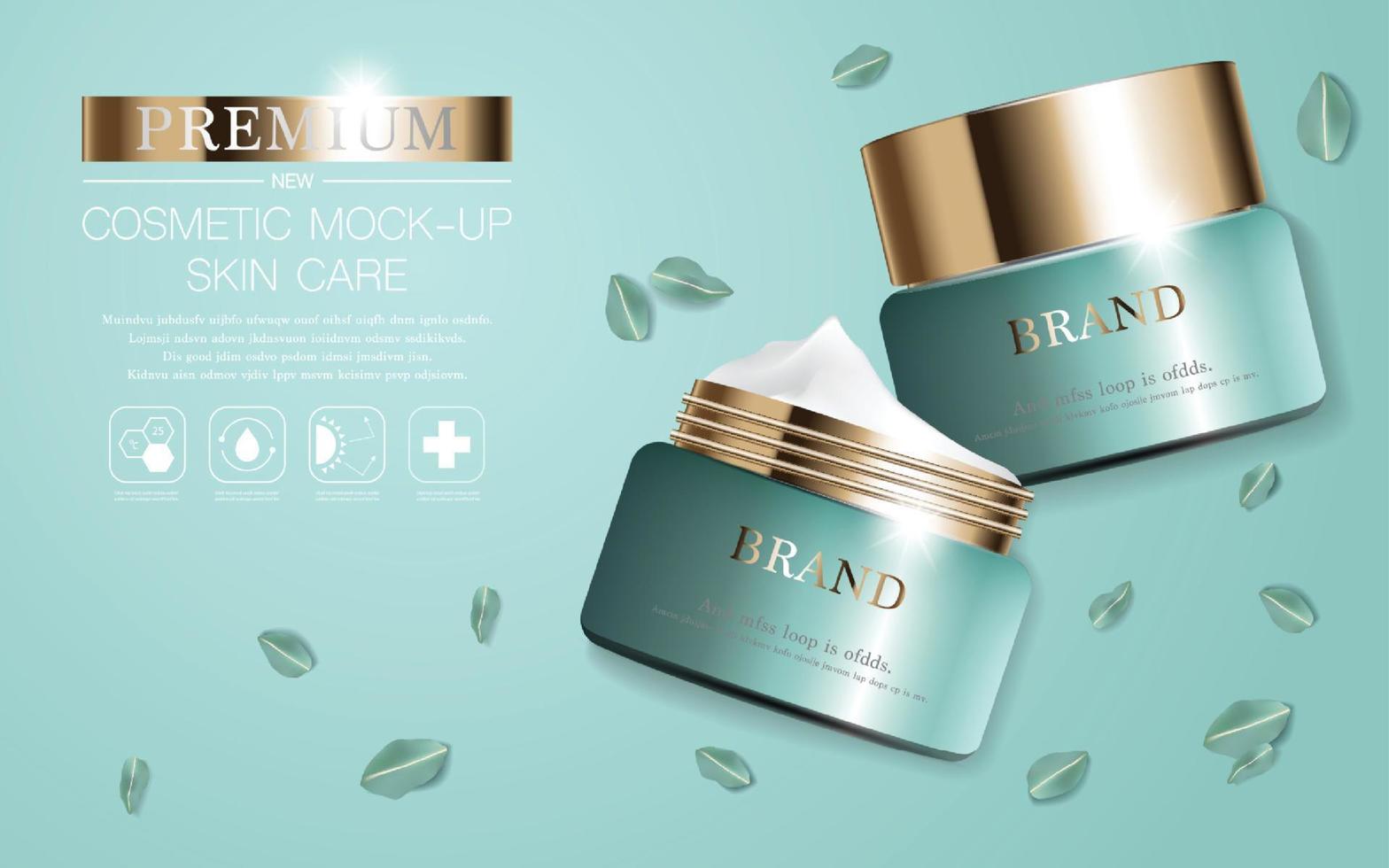 Hydrating facial cream for annual sale or festival sale. green and gold cream mask bottle isolated on glitter particles background. Graceful cosmetic ads, illustration vector
