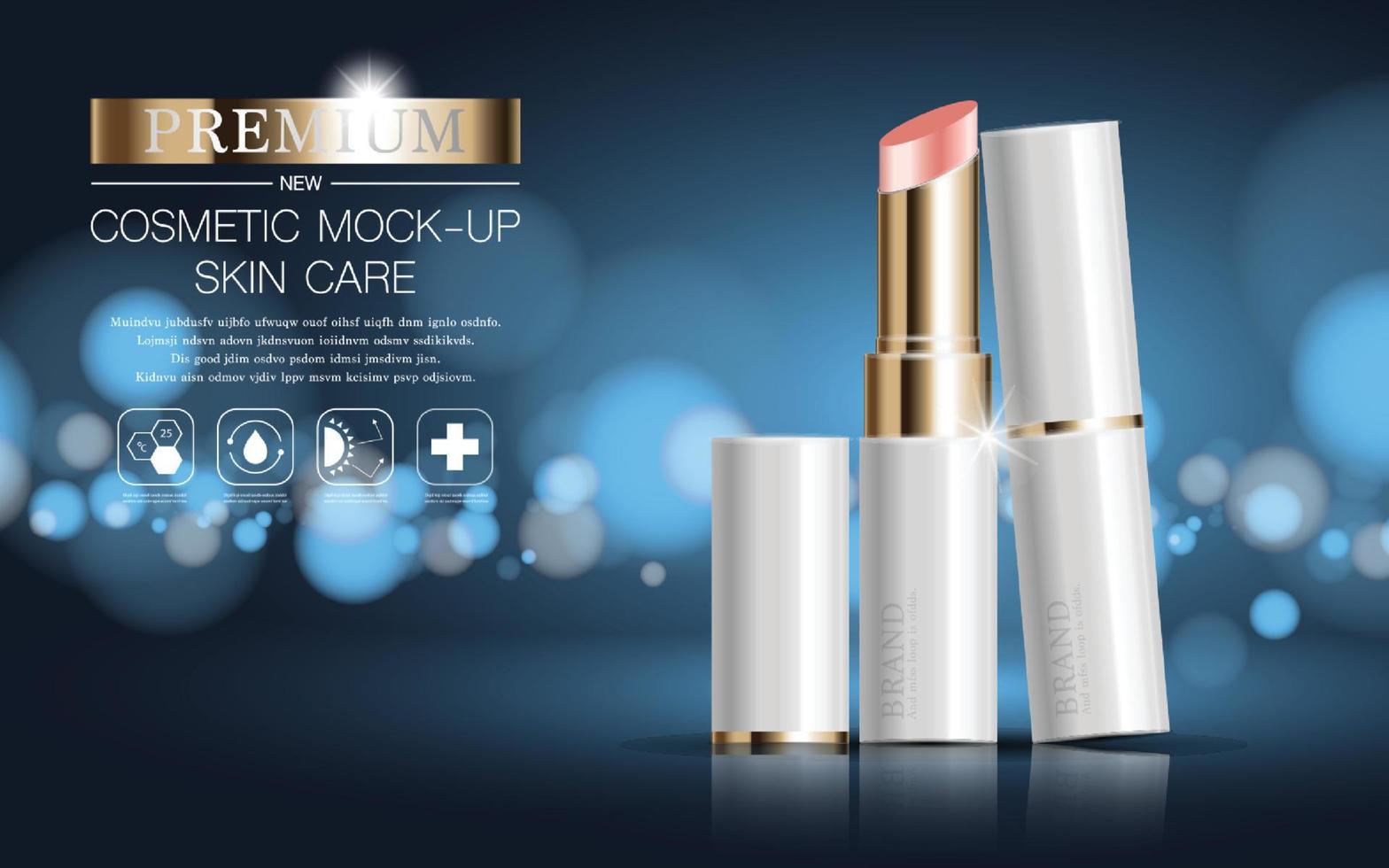 Hydrating facial lipstick for annual sale or festival sale. white and gold lipstick mask bottle isolated on glitter particles background. Graceful cosmetic ads, illustration vector