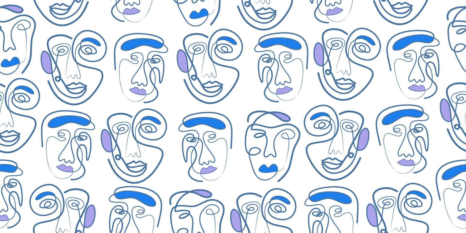 Abstract one line drawing masks and faces design isolated background. vector