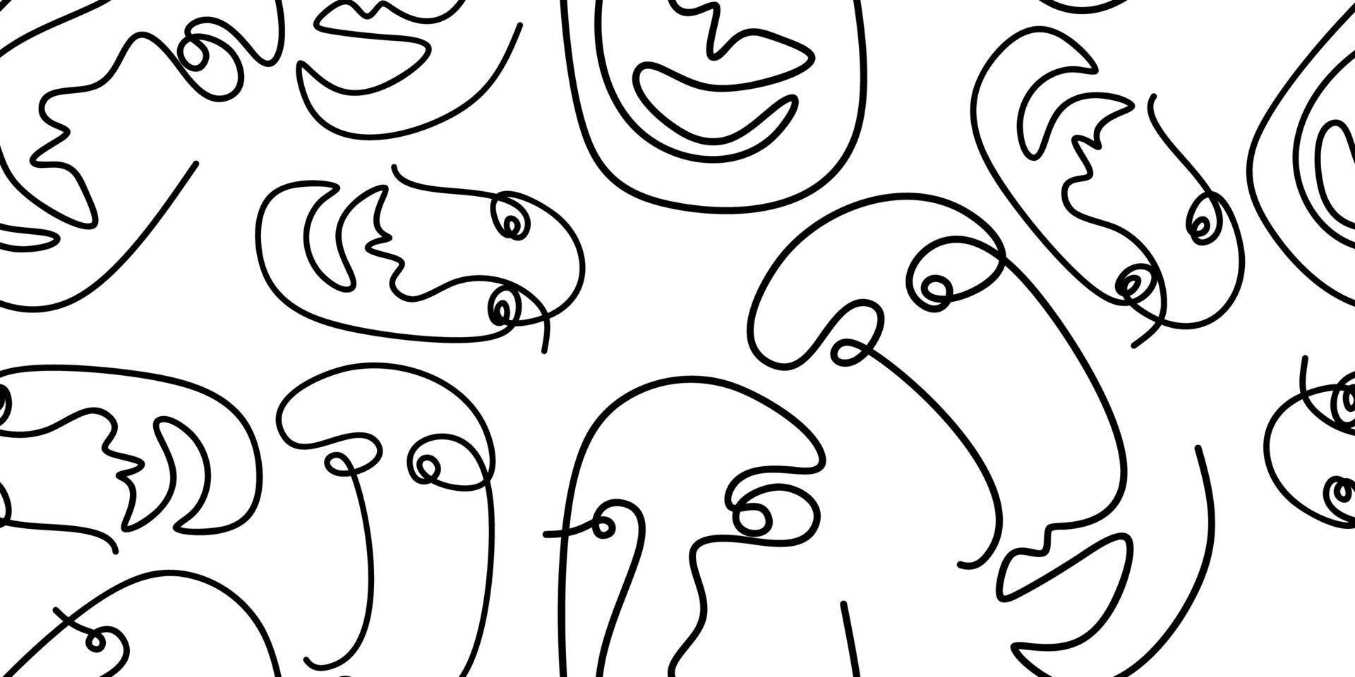 Abstract one line drawing masks and faces design isolated background. vector