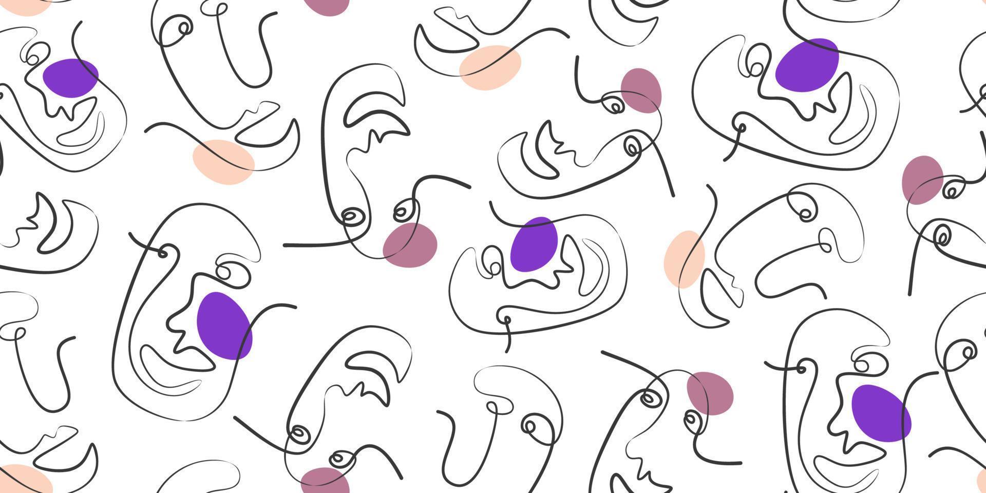 One line drawing face masks. Outline background with female faces. vector