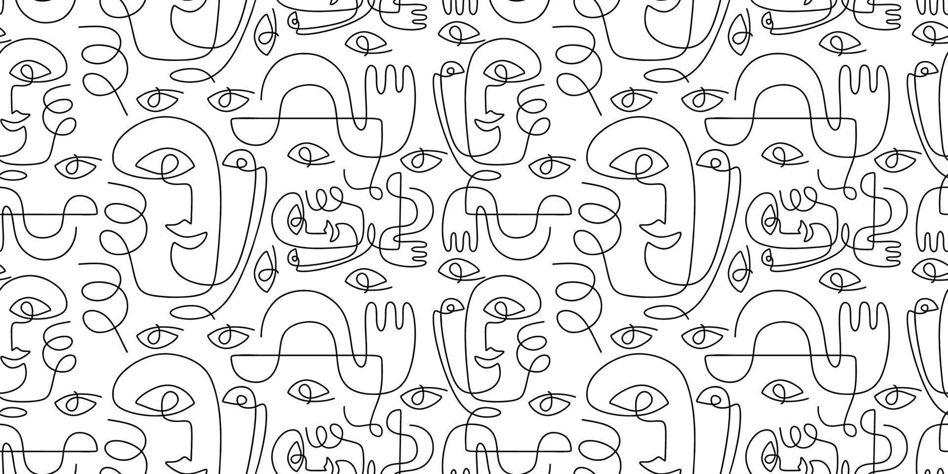 Continuous line drawing of abstract faces modern fashionable pattern. vector