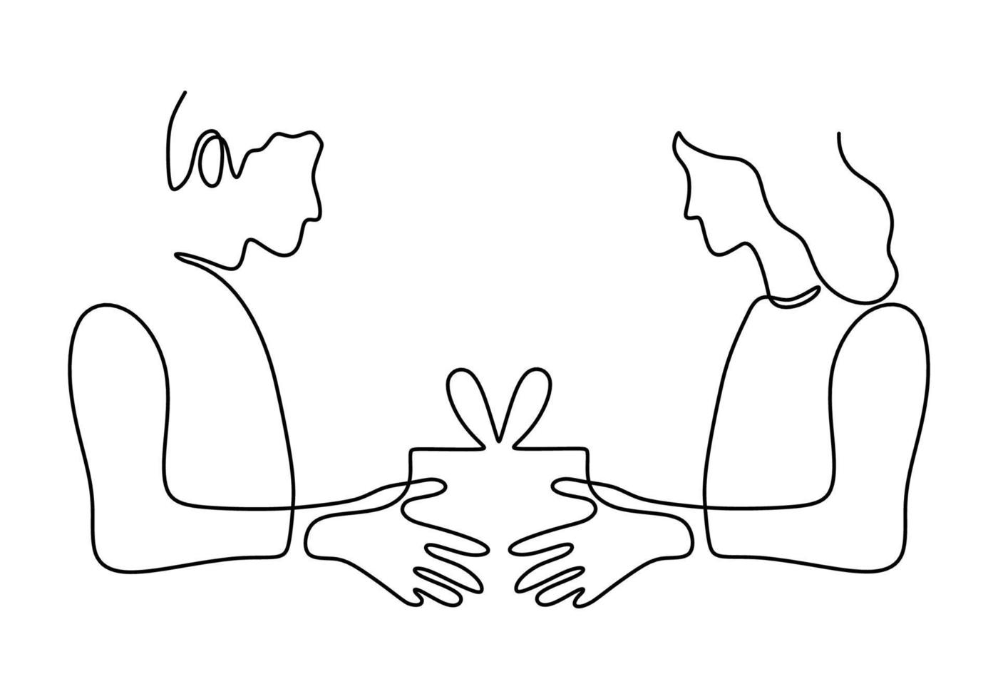 couple in love one line drawing, giving gift present with ribbon. vector