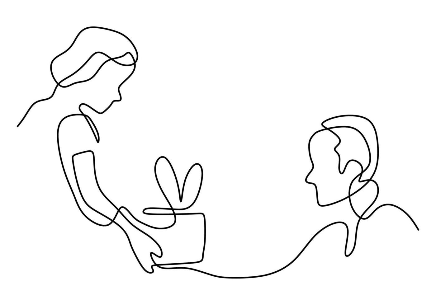 One line drawing of man give a gift to woman. vector