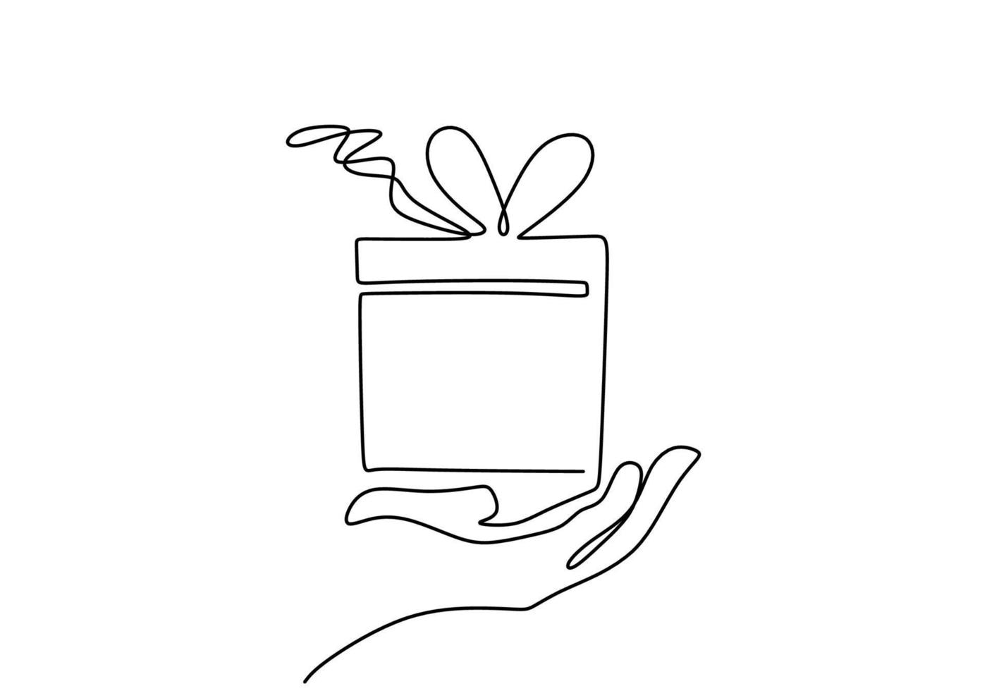 Hand holding gift box. Continuous line drawing, one hand drawn. vector