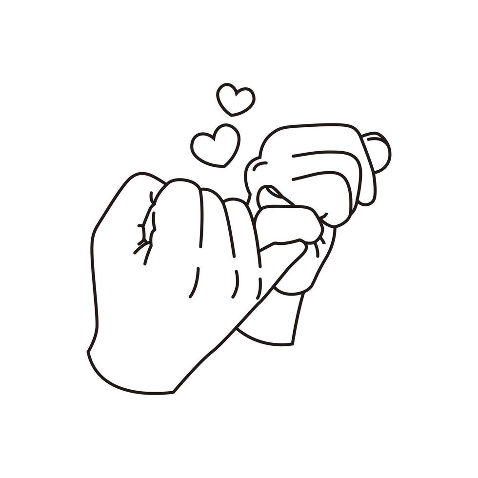 the little finger makes a promise to a partner. two-handed pinky promise pledge line art vector