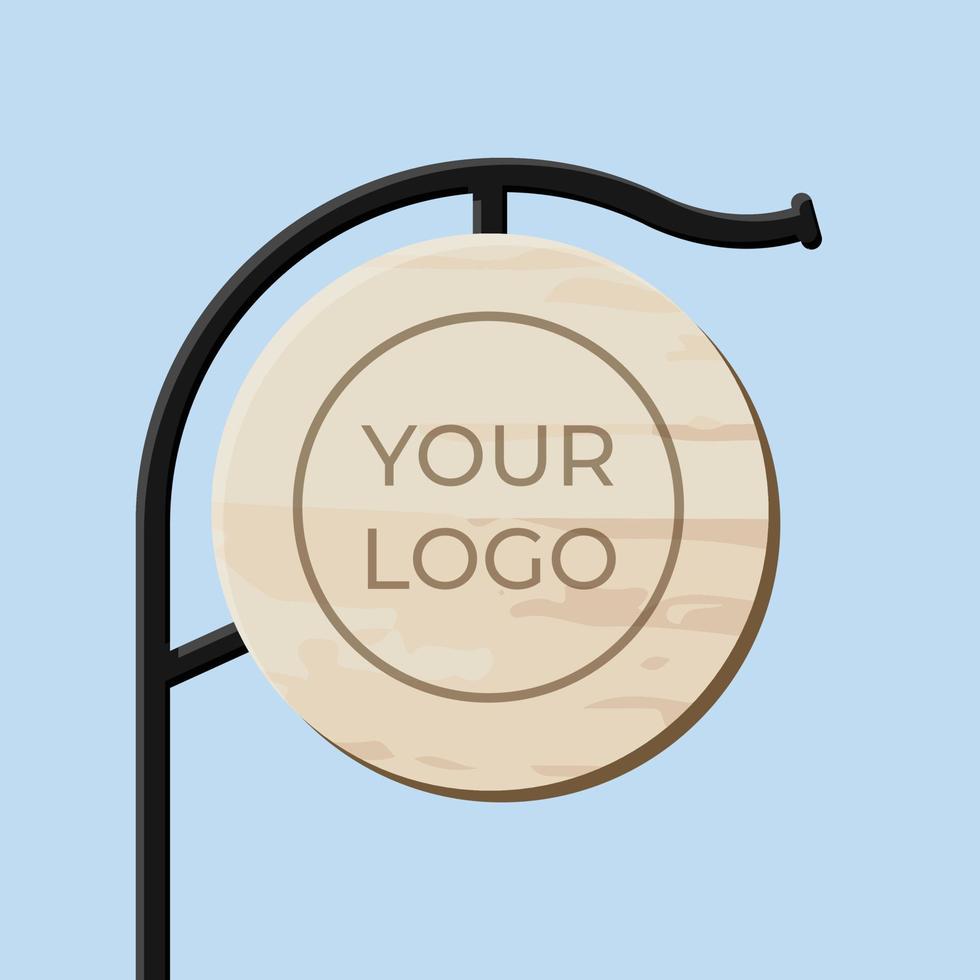 Circle Wooden Outdoor Signboard with Iron Pole. Vector wood texture outdoor Signboard template