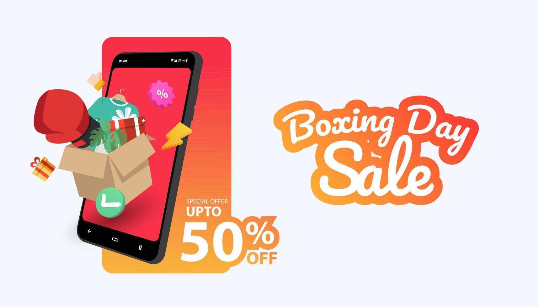 Boxing Day sale Background with Smartphone box gift, Banner template, poster, flyer, discount, limited offer vector