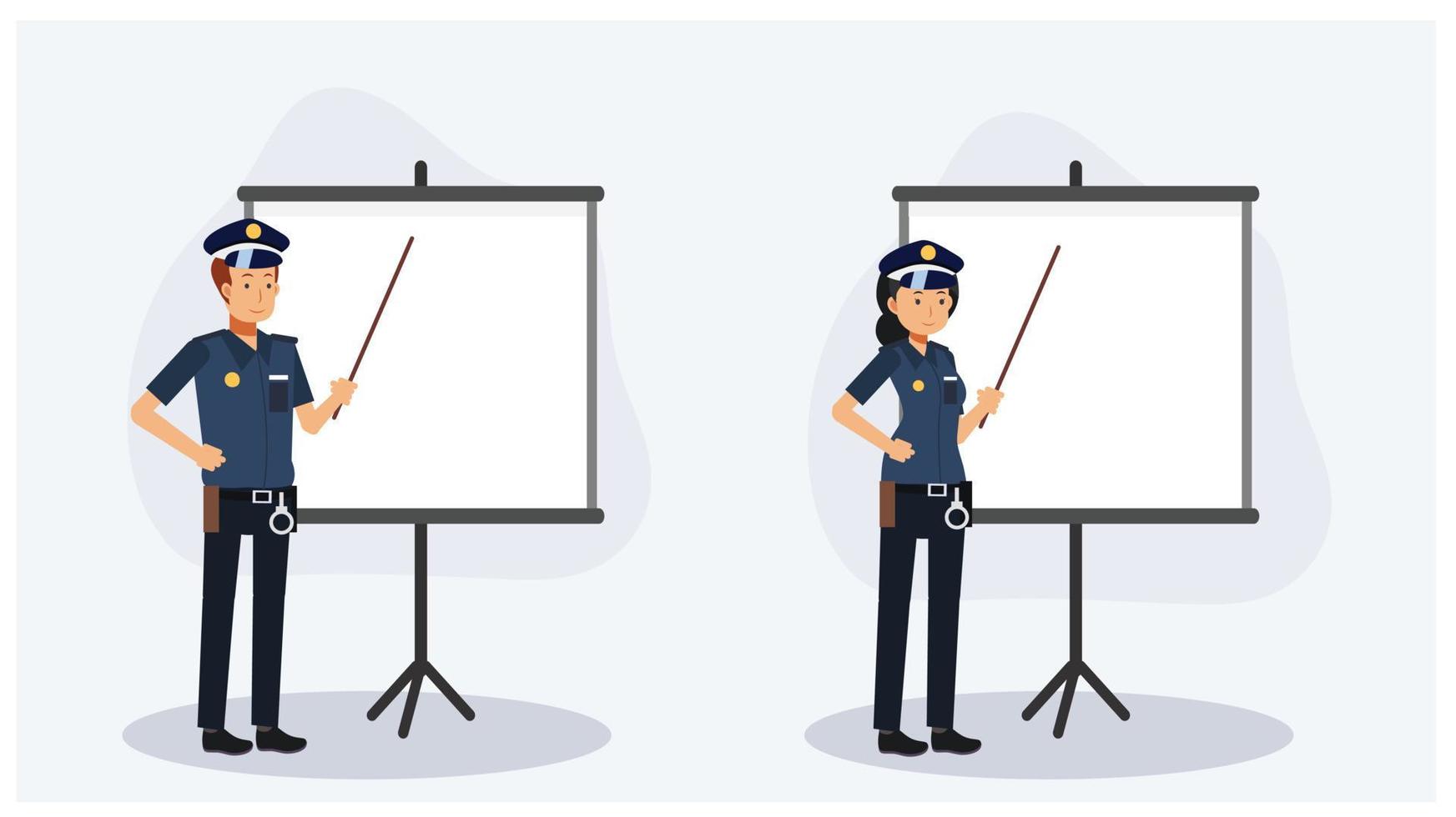 Policeman and policewoman is pointing at the board. blank board.Flat vector 2d cartoon character illustration