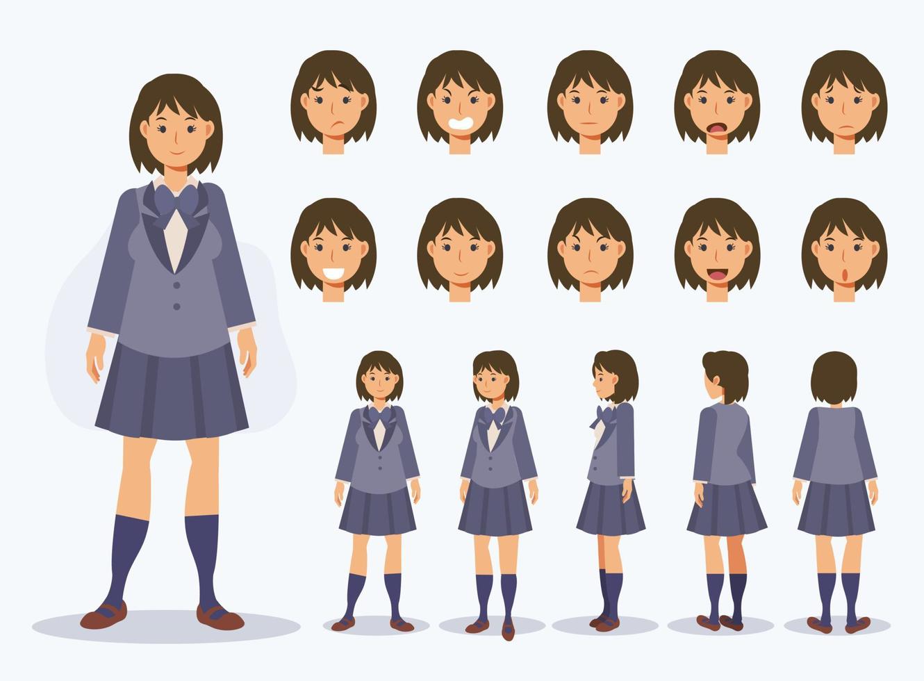 Set of Flat Vector Character Japanese student girl in uniform with various views, Cartoon style.