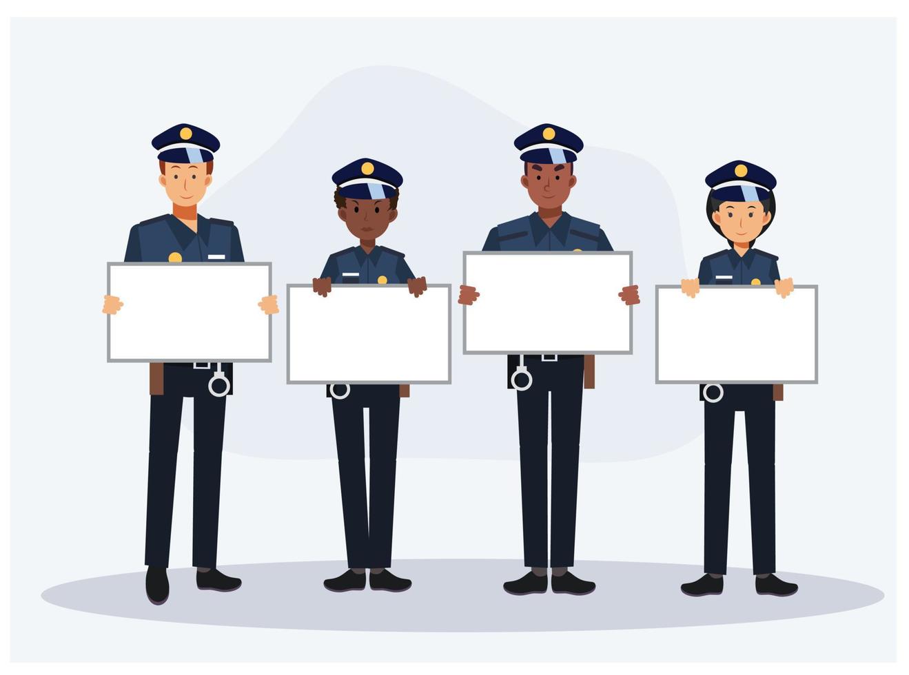 Group of Police are holding blank sign.your text here. Flat vector 2d cartoon character illustration