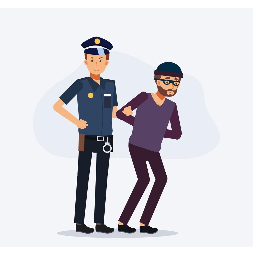 Policeman,security guard, caught the thief.Policeman holding robber hand.Flat vector 2d cartoon character illustration