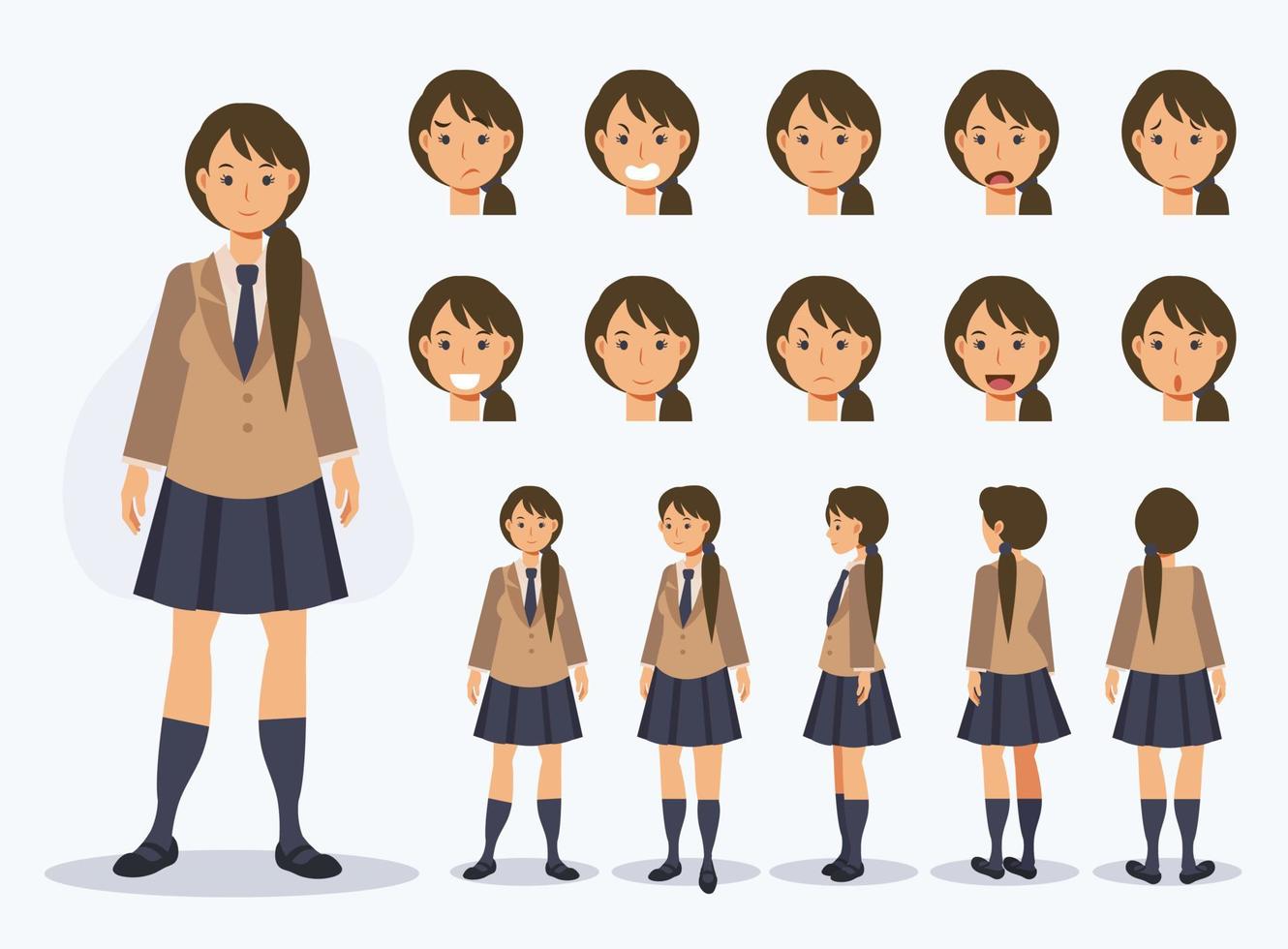 conjunto de chica estudiante japonesa de carácter vectorial plano en uniforme con varias vistas, estilo de dibujos animados. vector