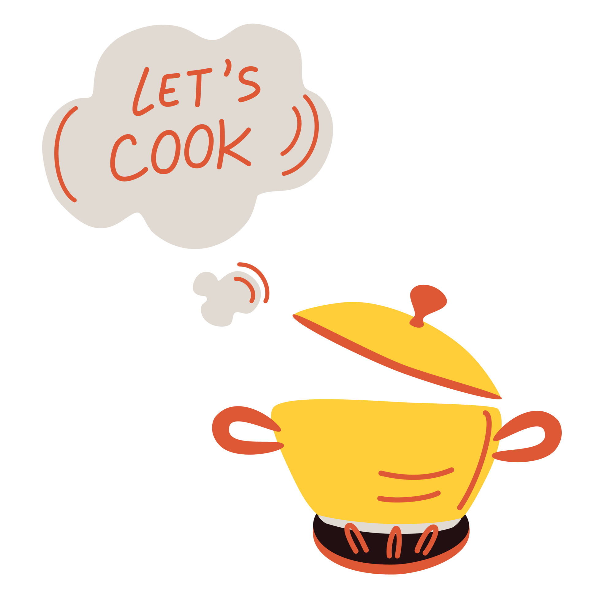 Pot of boiling food. Inscription Lets Cook. Cartoon boiling saucepan,  cooking soup boiling on gas stove. Cooking pot with smoke, saucepan  isolated preparation. Hand draw Vector illustration. 4374720 Vector Art at  Vecteezy