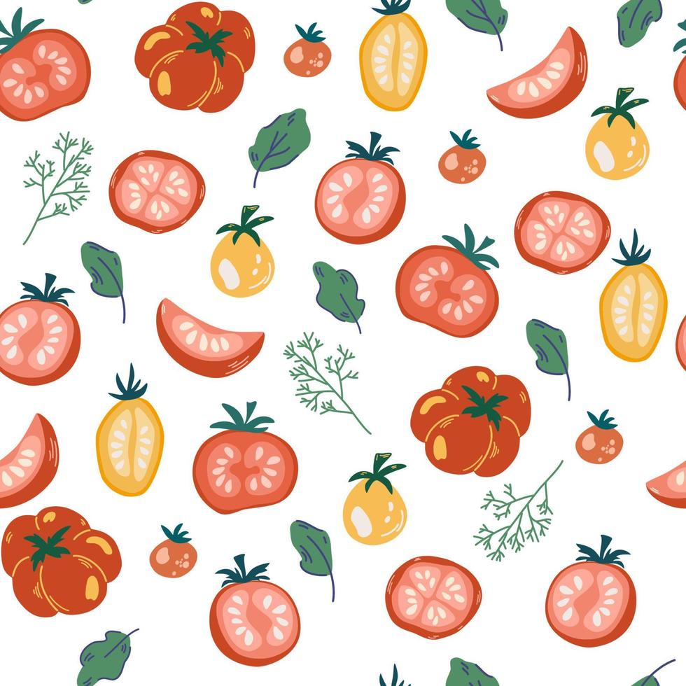 tomates de patrones sin fisuras. tomates maduros y verduras. comida sana vegetariana. vegano, agrícola, orgánico, natural. Dibujar a mano el fondo de la verdura, bueno para la impresión de textiles de tela o papel de regalo. vector