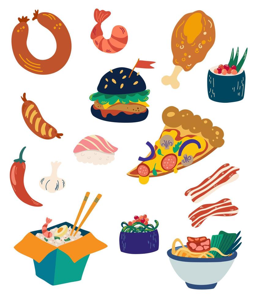 Comida rápida. hamburguesa, pizza, salchicha, alitas de pollo, sushi y fideos. comida producida en masa, servida y preparada rápidamente, bocadillos favoritos. Ilustración de dibujos animados de vectores aislado sobre fondo blanco.