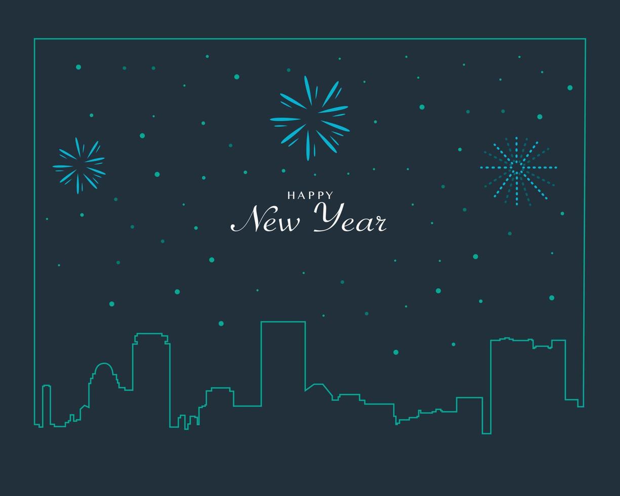 feliz año nuevo con vector de línea de paisaje de la ciudad