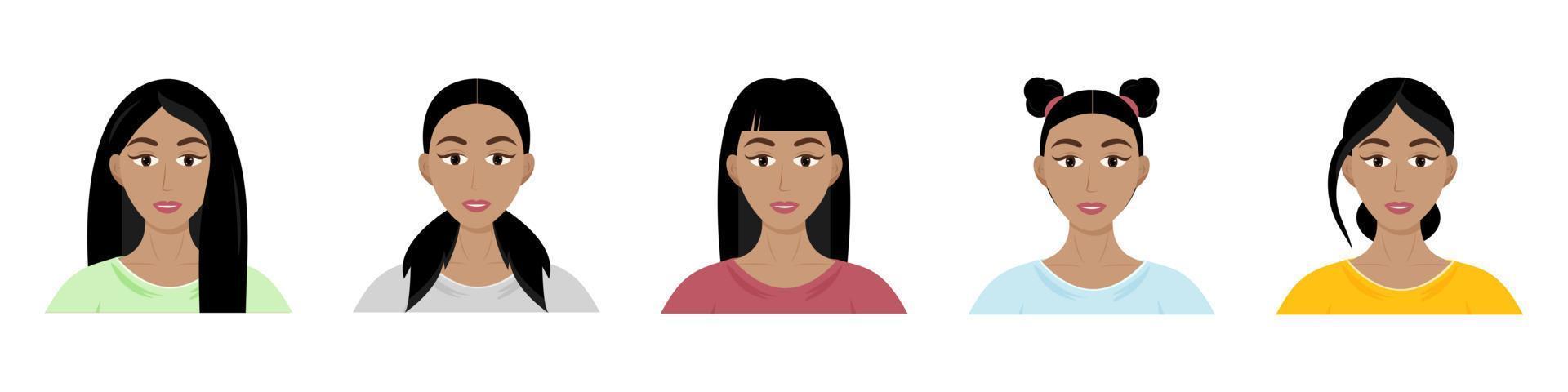 diferentes tipos de peinados de mujeres. conjunto de hermosas jóvenes afroamericanas con diferentes peinados. estilo de dibujos animados de vector