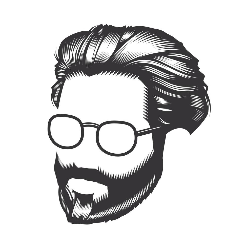 Man face with vintage hairstyles beard and sunglass vector line art illustration.